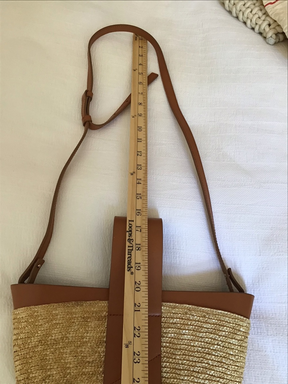 Leather-Trim Straw Bucket Crossbody Bag in Tan - Picture 10 of 11